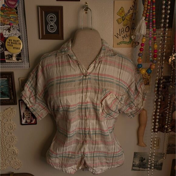 Vintage Plaid Button Down Shirt Blouse Women's Medium/Large Cream Puff Sleeve - Picture 1 of 6